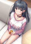  black_collar black_hair blue_shorts blush boku_no_kokoro_no_yabai_yatsu breasts brown_eyes closed_mouth collar collarbone couch cup holding holding_cup indoors large_breasts long_hair long_sleeves looking_at_viewer miyai_sen on_couch shirt shorts sitting thighs two_side_up yamada_anna 