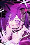  +_+ 1boy androgynous banzoin_hakka black_background black_skin cheese_oho colored_skin frilled_shirt frills hair_between_eyes hair_ribbon high_ponytail highres holostars holostars_english jewelry lace_ribbon long_hair looking_at_viewer male_focus multicolored_hair oshi_no_ko portrait purple_hair ribbon ring shirt smile solo tongue tongue_out two-tone_hair v violet_eyes virtual_youtuber white_hair 