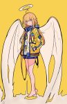  1girl absurdres angel_wings barefoot blonde_hair blue_skirt full_body green_eyes halo highres jacket long_hair long_sleeves looking_at_viewer miniskirt nanxiacheng1 open_mouth original pointy_ears shirt simple_background skirt solo white_halo white_shirt wings yellow_background yellow_jacket 