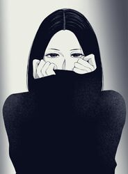  1girl album_cover_redraw chagataaa commentary covered_mouth derivative_work eyelashes greyscale highres mignonne_(ohnuki_taeko) monochrome ohnuki_taeko real_life sleeves_past_wrists solo sweater turtleneck turtleneck_sweater upper_body vignetting 