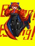 black_bodysuit black_gloves blue_bow bodysuit bow cape gloves hands_up highres jumping red_cape red_eyes redhead rock_&#039;n&#039;_rock_&#039;n&#039;_beat sekibanki text_background touhou yellow_background yudofu33 