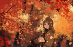  1girl arisa_(aren) artist_name autumn_leaves black_sweater blurry blurry_background blush branch brown_coat brown_eyes brown_hair closed_mouth coat coffee_cup commentary_request cup dappled_sunlight disposable_cup drink holding holding_drink leaf lens_flare light_smile long_hair long_sleeves looking_at_viewer open_clothes open_coat orange_theme original plant ribbed_sweater shoulder_strap signature solo sunlight sweater tree turtleneck turtleneck_sweater under_tree 