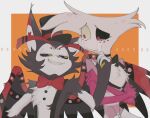  2boys angel_dust animal_ears animal_nose black_choker black_fur black_headwear black_sclera black_wings body_fur border bow bowtie cat_boy cat_ears choker chromatic_aberration closed_mouth colored_sclera crossed_arms crying crying_with_eyes_open extra_arms furry furry_male gloves grin hand_on_another&#039;s_face hat hazbin_hotel highres husk_(hazbin_hotel) jacket looking_at_another male_focus monster_boy multicolored_wings multiple_boys natto_rain orange_background outside_border pink_eyes pink_gloves pink_jacket red_bow red_bowtie red_wings sharp_teeth simple_background smile striped_clothes striped_jacket suspenders tears teeth top_hat traditional_bowtie two-tone_fur upper_body water_drop white_border white_fur white_gloves wings wiping_tears yellow_eyes yellow_sclera 