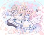  &gt;_&lt; 3girls angel_wings animal animal_ear_fluff animal_ears arms_up bare_shoulders bird black_pantyhose blonde_hair blue_archive blush braid closed_eyes closed_mouth cup detached_sleeves dress feathered_wings flower fox_ears frilled_dress frills hair_flower hair_ornament high_heels highres holding holding_cup light_brown_hair long_hair mika_(blue_archive) multiple_girls nagisa_(blue_archive) open_mouth pantyhose pink_flower pink_hair sateto_(user_knrf2332) seia_(blue_archive) sleeves_past_fingers sleeves_past_wrists smile striped_clothes striped_pantyhose white_bird white_dress white_flower white_footwear white_pantyhose white_wings wings yellow_eyes 
