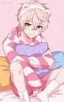  animal_ears bandaid bandaid_on_face bandaid_on_nose bennett_(genshin_impact) blonde_hair closed_mouth fake_animal_ears genshin_impact green_eyes hair_between_eyes hairband highres hood hoodie male_focus meshi_kue_yo pajamas pillow pink_hoodie short_hair shorts smile socks striped_clothes striped_hoodie striped_pajamas 