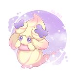  025sakura393 alcremie alcremie_(ribbon_sweet) blush closed_mouth commentary_request full_body hands_up highres looking_at_viewer no_humans pokedex_number pokemon pokemon_(creature) solo star_(symbol) violet_eyes 