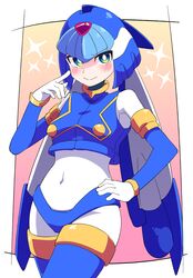  1girl absurdres blue_eyes blue_headwear blush bodysuit buzzlyears crop_top fairy_leviathan_(mega_man) forehead_jewel headgear helmet highres looking_at_viewer mega_man_(series) mega_man_zero_(series) navel solo white_bodysuit 