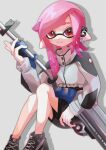  1girl black_shorts closed_mouth commentary_request diagonal_bangs e-liter_4k_(splatoon) earrings eyebrow_cut gun highres holding holding_gun holding_weapon icebo_x_x inkling inkling_girl invisible_chair jacket jewelry long_hair looking_at_viewer pink_hair pointy_ears red_eyes shorts simple_background sitting sleeves_past_wrists smile solo splatoon_(series) splatoon_3 tentacle_hair weapon white_background 