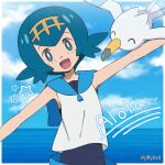  1girl :d bare_arms blue_eyes blue_hair blue_sailor_collar bright_pupils clouds commentary day hairband jiffy0v0 lana_(pokemon) open_mouth outdoors outstretched_arms pokemon pokemon_(creature) pokemon_sm sailor_collar shirt short_hair sky sleeveless sleeveless_shirt smile star_(symbol) swimsuit swimsuit_under_clothes tongue white_pupils white_shirt wingull yellow_hairband 