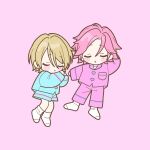  2boys arm_behind_head blonde_hair blue_shirt blue_shorts buttons chibi closed_eyes earrings ensemble_stars! facing_viewer from_above happypuppy_guu heart heart_button heart_earrings highres jewelry long_sleeves multiple_boys oukawa_kohaku own_hands_together pajamas pants parted_lips pink_background pink_hair pink_pants pink_shirt shiratori_aira_(ensemble_stars!) shirt shorts simple_background single_earring sleeping socks white_socks 
