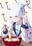  1girl blue_archive blue_necktie blush chopsticks collared_shirt food grey_hair halo highres holding holding_chopsticks jacket long_hair long_sleeves mechanical_halo necktie noa_(blue_archive) noodles ramen shirt solo sweat tonomiya68 violet_eyes white_jacket white_shirt 