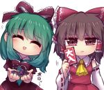  2girls bow brown_hair detached_sleeves front_ponytail green_eyes green_hair hair_bow hair_ribbon hakurei_reimu holding kagiyama_hina multiple_girls one-hour_drawing_challenge puffy_short_sleeves puffy_sleeves red_bow red_eyes ribbon short_sleeves simple_background smile touhou unime_seaflower white_background wide_sleeves 