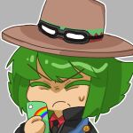  1boy black_jacket black_necktie brown_headwear cellphone chibi chinese_commentary closed_eyes closed_mouth collared_shirt colored_eyelashes commentary_request frown goggles goggles_on_headwear green_hair grey_background hat holding holding_phone jacket long_sleeves male_focus medium_hair necktie otori_teruya outline phone priswocaer rainbow red_shirt shirt simple_background solo super_danganronpa_another_2 sweat tan v-shaped_eyebrows white_outline 