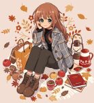  1girl animal ankle_boots apple arisa_(aren) artist_name bag black_eyes black_pants black_sweater blue_eyes blush book boots brown_background brown_footwear brown_hair buttons cellphone closed_mouth coat coffee commentary cross-laced_footwear cup dot_nose double-breasted drink floral_background flower_(symbol) food fruit full_body grey_coat hand_on_own_cheek hand_on_own_face hand_up highres holding holding_phone knees_up lace-up_boots lantern lapels leaf long_hair long_sleeves looking_at_viewer mug open_clothes open_coat original pants paper_bag phone plaid plaid_coat shopping_bag signature sitting smartphone smile solo squirrel sweater teapot 