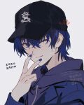  1boy artist_name baseball_cap black_headwear blue_eyes blue_hair blue_hoodie blue_jacket blue_nails character_name commentary fingernails grey_background hand_up hat highres hood hood_down hoodie jacket jacket_over_hoodie kaito_(vocaloid) lapels long_sleeves looking_at_viewer male_focus notched_lapels one_eye_closed project_sekai short_hair simple_background solo sorase_(so17p) upper_body v vocaloid zozotown 