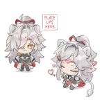  1boy :3 animal_ears arms_at_sides chibi closed_eyes commentary english_commentary english_text full_body grey_hair hair_over_one_eye hair_ribbon heart honkai:_star_rail honkai_(series) jing_yuan legs_apart lion_boy lion_ears lion_tail lipstick_mark lipstick_mark_on_face lipstick_mark_on_forehead long_hair long_sleeves male_focus meme mole mole_under_eye multiple_views one_eye_covered orange_eyes place_lips_here_(meme) ponytail red_ribbon ribbon simple_background sitting smile standing swept_bangs tail very_long_hair white_background yashawang 