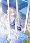  1girl angel_wings belt black_belt blonde_hair blue_eyes blue_flower blue_ribbon blunt_bangs book book_on_lap dress flower frilled_dress frills hand_on_window highres long_hair looking_at_viewer neck_ribbon noele_(toosaka_asagi) original parted_lips purple_flower rain ribbon sailor_collar sidelocks sitting solo table thigh-highs toosaka_asagi water_drop white_dress white_sailor_collar white_thighhighs white_wings window wings 