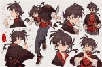  ... 1boy baozi black_jacket blue_eyes blue_pants brown_hair chinese_clothes copyright_request denim food food_in_mouth grid_background highres jacket jeans looking_to_the_side multiple_views pants ranma_1/2 red_shirt saotome_ranma shirt siyer_(siyeyeyeyer) smile solo sparkle speech_bubble spoken_ellipsis white_background 