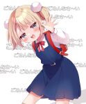  1girl aged_down arm_behind_back arm_up backpack bag belt blonde_hair blue_dress blue_eyes blush bow bowtie dress hair_ornament highres indie_virtual_youtuber kiyo_(yamazoe1122) leaning_forward looking_at_viewer open_mouth pinafore_dress pleated_dress pom_pom_(clothes) pom_pom_hair_ornament randoseru red_bow red_bowtie school_uniform shigure_ui_(vtuber) shigure_ui_(vtuber)_(young) shirt short_hair shukusei!!_loli-gami_requiem sleeveless sleeveless_dress smile solo translation_request twintails virtual_youtuber waving white_shirt 