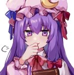  1girl blue_ribbon book bow bowtie chinese_commentary closed_mouth commentary_request crescent crescent_hat_ornament hair_bow hand_to_own_mouth hat hat_ornament hat_ribbon highres long_hair long_sleeves looking_at_viewer mob_cap patchouli_knowledge puff_of_air purple_hair red_bow red_bowtie red_ribbon ribbon simple_background smile solo touhou upper_body utsuro114514 violet_eyes white_background 