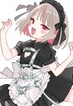  1girl apron black_dress black_headdress blush_stickers clothing_cutout dress fang flat_chest grey_hair harness heart_cutout highres maid maid_headdress makaino_ririmu makaino_ririmu_(5th_costume) multicolored_hair nijisanji open_mouth pink_hair pointy_ears red_eyes saito_katuo short_hair short_sleeves simple_background smile solo two-tone_hair virtual_youtuber white_apron white_background 