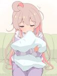  1girl ahoge closed_eyes commentary couch grey_hair hair_between_eyes highres hugging_object long_hair long_sleeves messy_hair multicolored_hair onii-chan_wa_oshimai! open_mouth oyama_mahiro pajamas pillow pillow_hug pink_hair purple_pajamas simple_background sitting sleeping sleeping_upright solo two-tone_hair unkimo very_long_hair white_background 
