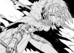  1girl arm_armor cape fate/grand_order fate/samurai_remnant fate_(series) fur-trimmed_cape fur_trim greyscale headpiece holding holding_polearm holding_weapon jeanne_d&#039;arc_alter_(lancer)_(fate) lance monochrome plackart polearm solo thigh-highs torn_cape torn_clothes uhana weapon 
