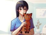  1girl animal azumanga_daioh black_eyes black_hair blue_shirt cat closed_mouth highres indoors light_blush light_smile long_hair markislazy orange_cat plant potted_plant sakaki_(azumanga_daioh) shirt solo 