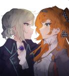  2girls ascot black_coat black_vest braid checkered_hairband closed_mouth coat collared_coat collared_shirt commentary dress expressionless eye_contact freckles grey_hair hair_bun high_collar highres kaeshi_(yuukaeshi) long_hair looking_at_another multiple_girls orange_hair profile purple_brooch reverse:1999 shirt side_braid simple_background single_side_bun sonetto_(reverse:1999) symbol-only_commentary two_side_up vertin_(reverse:1999) vest white_ascot white_background white_dress white_shirt yuri 