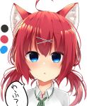  ... 1girl absurdres ahoge amairo_islenauts animal_ear_fluff animal_ears blue_eyes blush close-up collared_shirt commentary_request eyelashes eyes_visible_through_hair hair_between_eyes hair_ornament highres looking_at_viewer low_twintails masaki_gaillard medium_hair open_mouth redhead shirt short_twintails simple_background solo speech_bubble straight-on translated twintails white_background white_shirt wolf_ears wolf_girl x_hair_ornament yuuhodesu 