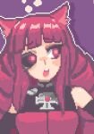  1girl animal_ears artificial_eye bare_shoulders blunt_bangs drill_hair hcnone open_mouth pixel_art purple_background quad_drills red_eyes redhead sidelocks solo stella_hoshii surprised teeth upper_body upper_teeth_only va-11_hall-a 