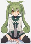 1girl alternate_hairstyle black_shirt black_thighhighs blush bow commentary_request cone_huraku green_bow green_hair hair_between_eyes hands_on_floor layered_clothes layered_sleeves long_hair long_sleeves looking_at_viewer sailor_collar shirt simple_background sitting smile solo straight-on thigh-highs twintails twitter_username voicevox wariza white_background yellow_eyes zundamon 