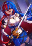  1girl 20060715 absurdres alear_(female)_(fire_emblem) alear_(fire_emblem) armor blue_eyes blue_hair closed_mouth commentary cowboy_shot fire_emblem fire_emblem_engage heterochromia highres holding holding_sword holding_weapon jewelry long_hair multicolored_hair red_eyes redhead ring solo sword two-tone_hair weapon 