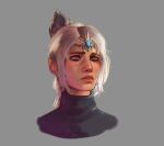  1girl baldur&#039;s_gate baldur&#039;s_gate_3 black_sweater blush brown_eyes closed_mouth cropped_shoulders dungeons_and_dragons gem grey_background grey_hair hair_ornament pointy_ears ponytail rae_(raineabode) scar scar_on_face shadowheart_(baldur&#039;s_gate) simple_background solo sweater 