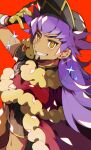  1boy artist_name baseball_cap bright_pupils cape commentary_request dark-skinned_male dark_skin fur-trimmed_cape fur_trim gloves hat highres kawasaki_(kwsk_8765) leon_(pokemon) long_hair male_focus pokemon pokemon_swsh purple_hair red_background red_cape simple_background smile solo teeth twitter_username white_pupils yellow_eyes 