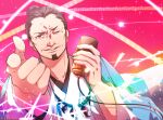  1boy dancing facial_hair fate/grand_order fate_(series) goatee hair_knot hair_slicked_back haori idol japanese_clothes looking_at_viewer magatama male_focus mature_male pointing pointing_at_viewer sankakangen2 serizawa_kamo_(fate) short_hair smile solo thick_eyebrows upper_body wrinkled_skin 