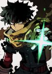  1boy :/ absurdres angry bandaged_arm bandages belt bodysuit boku_no_hero_academia cape closed_mouth cowboy_shot energy film_grain floating_clothes freckles gloves green_bodysuit green_eyes green_hair hand_up highres isaacchief300 jpeg_artifacts leaning_forward looking_at_viewer male_focus midoriya_izuku open_hand overexposure paint_splatter red_bandage red_belt short_hair simple_background snap-fit_buckle solo sparkle spiky_hair standing torn_clothes utility_belt v-shaped_eyebrows white_background white_gloves yellow_cape 