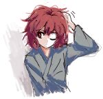  1other androgynous atoymk closed_mouth frown grey_kimono hand_on_own_head japanese_clothes katano_sukune kimono len&#039;en long_sleeves one_eye_closed other_focus pale_skin red_eyes redhead short_hair simple_background sketch solo upper_body white_background 