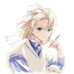  1boy albedo_(genshin_impact) aqua_eyes blonde_hair blue_shirt collared_shirt contemporary curtained_hair genshin_impact hair_between_eyes hajime_(sakuraofsunset) highres holding holding_pencil long_sleeves male_focus medium_hair parted_lips pencil shirt simple_background smile solo sunlight sweater_vest upper_body watch watch white_background yellow_sweater_vest 
