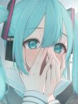 1girl absurdres bananafish1111 blue_eyes blue_hair blue_neckerchief blush commentary_request covering_face embarrassed hair_between_eyes hands_up hatsune_miku highres long_hair long_sleeves looking_at_viewer neckerchief sailor_collar solo surprised tears twintails upper_body vocaloid