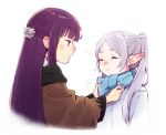  2girls adjusting_another&#039;s_clothes blue_scarf blush brown_coat butterfly_hair_ornament closed_eyes closed_mouth coat commentary_request cropped_torso earrings elf expressions fern_(sousou_no_frieren) frieren hair_ornament jewelry long_hair long_sleeves multiple_girls nose_blush parted_bangs pointy_ears purple_hair scarf sidelocks simple_background sleepy sousou_no_frieren straight_hair taka0028 twintails twitter_username upper_body violet_eyes watermark white_background white_hair winter_clothes 