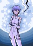  absurdres ayanami_rei blue_hair bodysuit cigarette hansoom_(latebirdwakeup) highres interface_headset moon mouth_hold neon_genesis_evangelion night outdoors pilot_suit plugsuit red_eyes short_hair smoke smoking white_bodysuit 