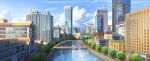  absurdres blue_sky bridge building canal city clouds day highres no_humans original outdoors road scenery sky street tree water xingzhi_lv 