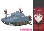  3girls absurdres against_vehicle black_footwear black_skirt boots brown_eyes character_name commentary cranberry_(girls_und_panzer) crusader_(tank) cup emblem finger_to_mouth girls_und_panzer grey_eyes grin hand_in_own_hair highres holding holding_cup jacket knee_boots knee_up leaning_back long_hair long_sleeves looking_at_viewer makeup mascara military_uniform military_vehicle miniskirt motor_vehicle multiple_girls peach_(girls_und_panzer) pink_hair pleated_skirt qgkmn541 red_jacket redhead rosehip_(girls_und_panzer) sitting skirt smile st._gloriana&#039;s_(emblem) st._gloriana&#039;s_military_uniform standing studded_footwear tank teacup uniform wavy_hair white_background 