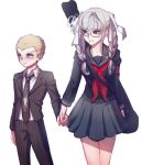  1girl absurdres blonde_hair blush blush_stickers braid chottong-gyogeub_jjimging collared_shirt cowboy_shot danganronpa_(series) danganronpa_2:_goodbye_despair glasses grey_hair hair_ribbon highres holding_hands jacket kuzuryu_fuyuhiko long_hair pants pekoyama_peko red_eyes ribbon school_uniform shirt short_hair skirt smile striped_clothes striped_jacket striped_pants twin_braids 