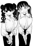  2girls absurdres blunt_bangs blush braid breasts choker collared_shirt ear_piercing greyscale highres large_breasts large_hands long_hair long_sleeves looking_at_viewer monochrome multiple_girls nogasukoto original piercing shirt simple_background skirt smile twin_braids twintails 