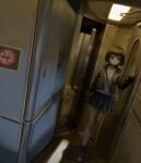  1girl absurdres bag blue_eyes brown_hair eliot_(eokaitekaite969) hallway highres jacket liminal_space miniskirt no_smoking open_clothes open_jacket original refrigerator short_hair skirt solo surreal 