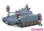  4girls absurdres against_vehicle black_footwear black_hair black_skirt boots brown_eyes character_name commentary cranberry_(girls_und_panzer) crusader_(tank) cup earrings emblem finger_to_mouth girls_und_panzer green_eyes grey_eyes hair_over_one_eye hand_in_own_hair highres holding holding_cup jacket jewelry knee_boots knee_up leaning_back long_hair long_sleeves looking_at_viewer makeup mascara military_uniform military_vehicle miniskirt motor_vehicle multiple_girls peach_(girls_und_panzer) pink_hair pleated_skirt qgkmn541 red_jacket redhead rosehip_(girls_und_panzer) short_hair sitting skirt st._gloriana&#039;s_(emblem) st._gloriana&#039;s_military_uniform standing stud_earrings studded_footwear tank teacup uniform vanilla_(girls_und_panzer) wavy_hair white_background 