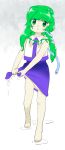  1girl :o barefoot frog_hair_ornament full_body green_eyes green_hair hair_ornament kochiya_sanae long_hair nonamejd official_style single_hair_tube skirt sleeveless snake snake_hair_ornament solo touhou wet wet_clothes wet_skirt wringing_clothes wringing_skirt zun_(style) 