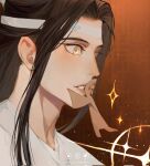  1boy artist_name black_hair blush chinese_clothes english_commentary gradient_background hanfu headband highres lan_wangji long_hair modao_zushi open_mouth paper_doll parted_hair portrait retiredpeach sparkle white_hanfu white_headband wide-eyed yellow_eyes 